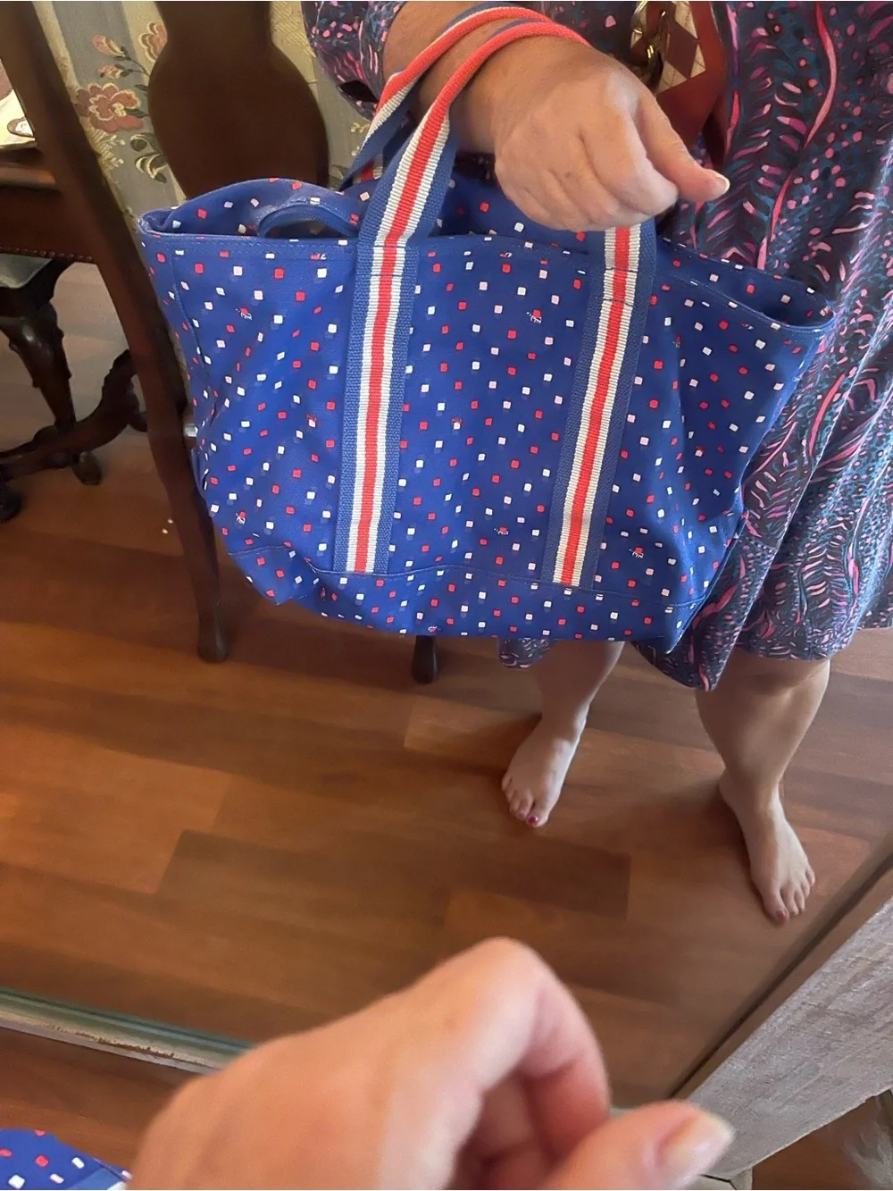 Lilly Pulitzer Blue Canvas Tote with Red and White Dot Accents